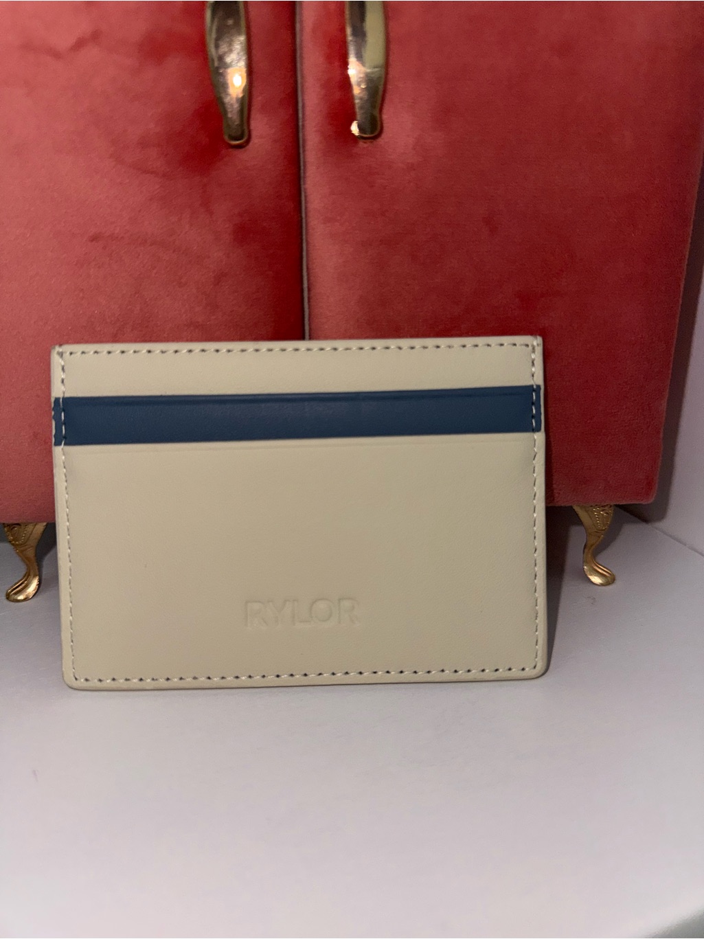 Cream Leather Card Holder With Blue Accent